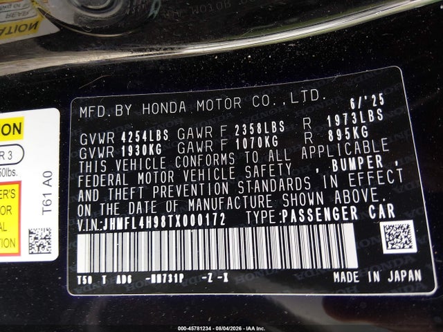 Продаж на аукціоні авто 2026 Honda Civic Hybrid Sport Touring, vin: JHMFL4H98TX000172, номер лоту: 45781234