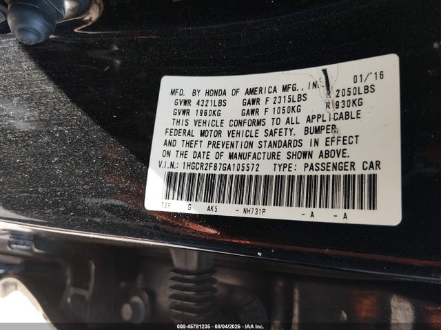 Aukcja sprzedaży 2016 Honda Accord Ex-l, vin: 1HGCR2F87GA105572, numer aukcji: 45781235