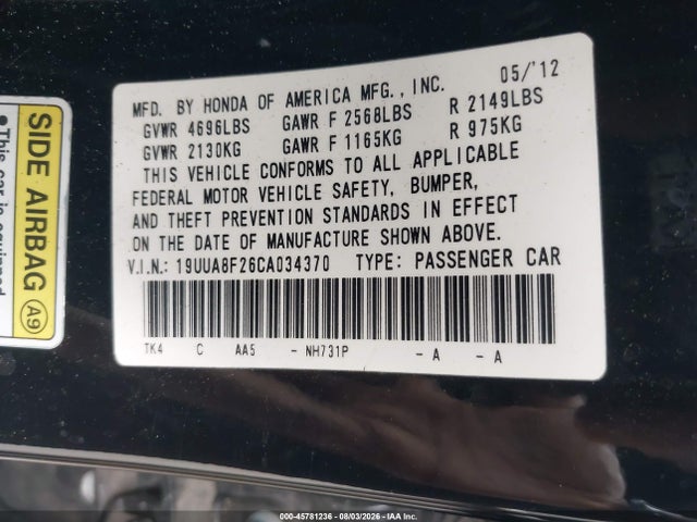 45781236 :رقم المزاد ، 19UUA8F26CA034370 vin ، 2012 Acura Tl 3.5 مزاد بيع
