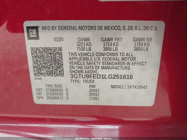Продаж на аукціоні авто 2020 Gmc Sierra 1500 4wd  Short Box Denali, vin: 3GTU9FED1LG251616, номер лоту: 45781244