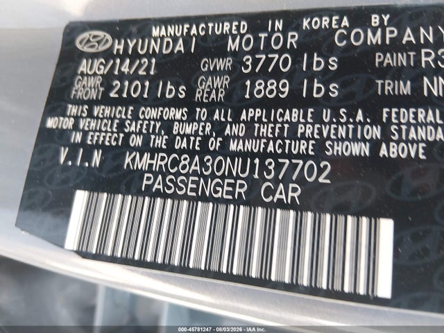Aukcja sprzedaży 2022 Hyundai Venue Sel, vin: KMHRC8A30NU137702, numer aukcji: 45781247