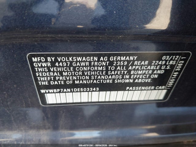 Auction sale of the 2013 Volkswagen Cc 2.0t Sport, vin: WVWBP7AN1DE503343, lot number: 45781261
