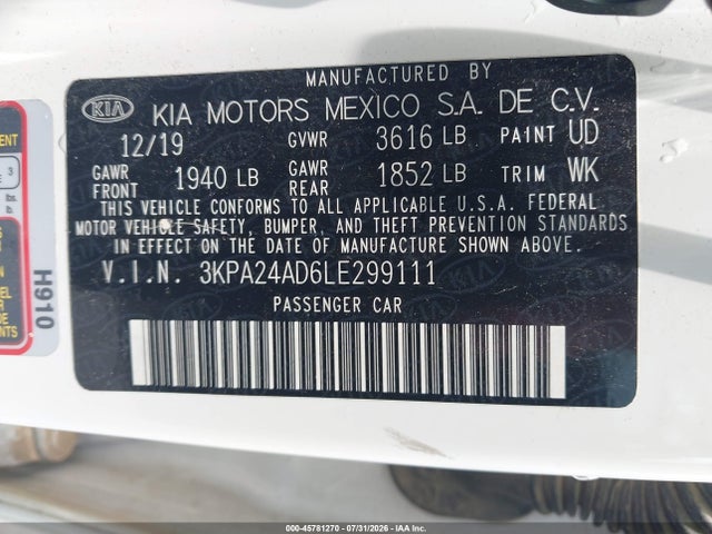 Aukcja sprzedaży 2020 Kia Rio S, vin: 3KPA24AD6LE299111, numer aukcji: 45781270