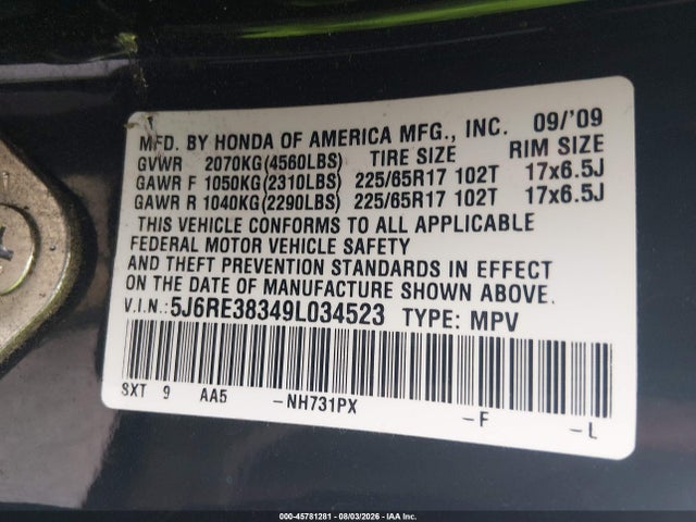 2009 Honda Cr-v Lx მანქანა იყიდება აუქციონზე, vin: 5J6RE38349L034523, აუქციონის ნომერი: 45781281