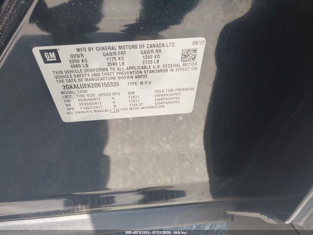 Aukcja sprzedaży 2013 Gmc Terrain Slt-1, vin: 2GKALUEK2D6155339, numer aukcji: 45781353
