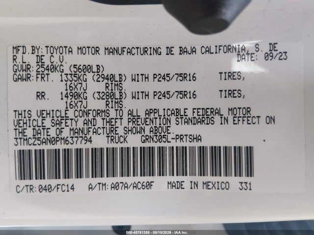 Продажа на аукционе авто 2023 Toyota Tacoma Sr5 V6, vin: 3TMCZ5AN0PM637794, номер лота: 45781358