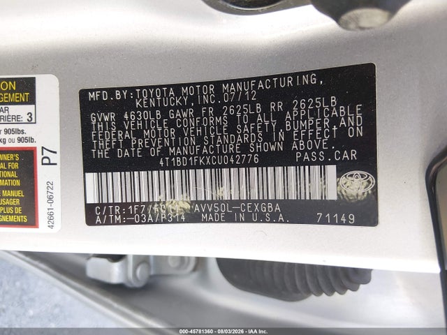 45781360 :رقم المزاد ، 4T1BD1FKXCU042776 vin ، 2012 Toyota Camry Hybrid Xle مزاد بيع