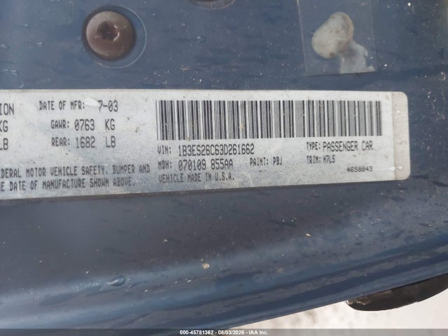Aukcja sprzedaży 2003 Dodge Neon Se, vin: 1B3ES26C63D261662, numer aukcji: 45781362