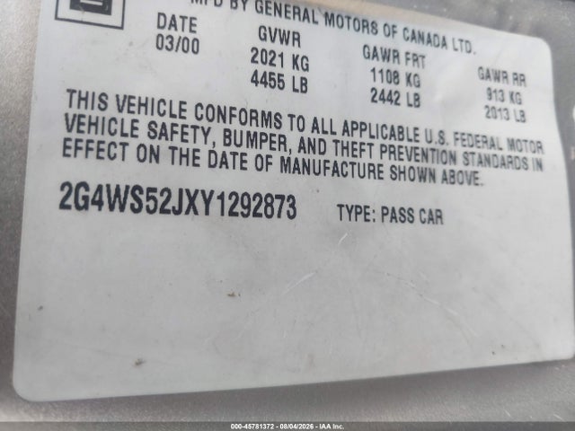 2000 Buick Century Custom მანქანა იყიდება აუქციონზე, vin: 2G4WS52JXY1292873, აუქციონის ნომერი: 45781372