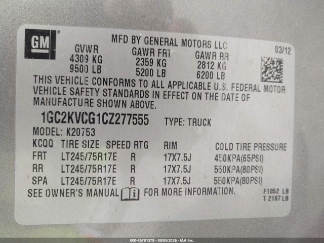 Продаж на аукціоні авто 2012 Chevrolet Silverado 2500hd Work Truck, vin: 1GC2KVCG1CZ277555, номер лоту: 45781378