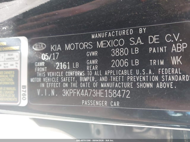 2017 Kia Forte Lx მანქანა იყიდება აუქციონზე, vin: 3KPFK4A73HE158472, აუქციონის ნომერი: 45781386