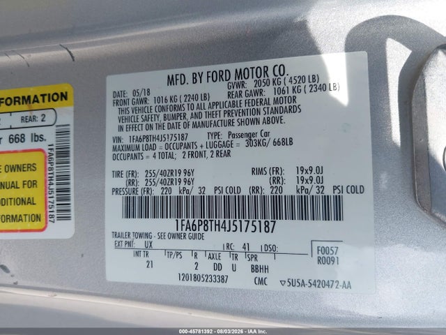 Продажа на аукционе авто 2018 Ford Mustang Ecoboost, vin: 1FA6P8TH4J5175187, номер лота: 45781392