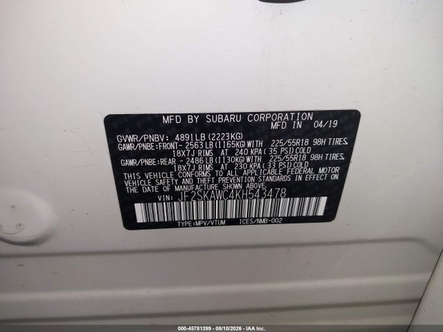 Aukcja sprzedaży 2019 Subaru Forester Touring, vin: JF2SKAWC4KH543478, numer aukcji: 45781399