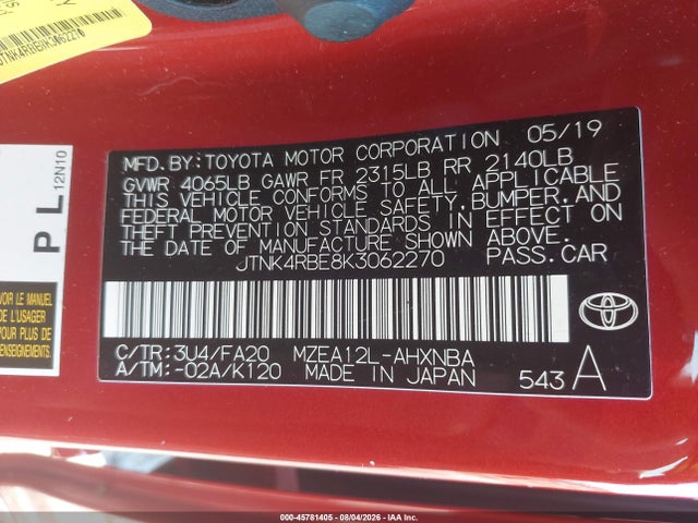 Aukcja sprzedaży 2019 Toyota Corolla Se, vin: JTNK4RBE8K3062270, numer aukcji: 45781405