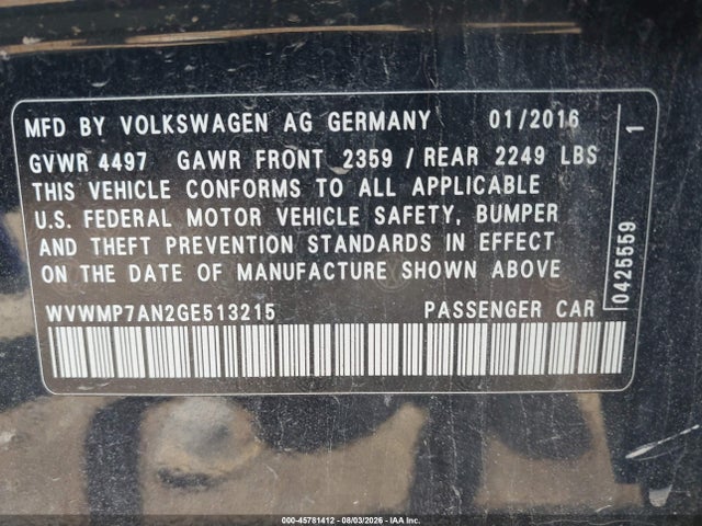 2016 Volkswagen Cc 2.0t R-line Executive მანქანა იყიდება აუქციონზე, vin: WVWMP7AN2GE513215, აუქციონის ნომერი: 45781412