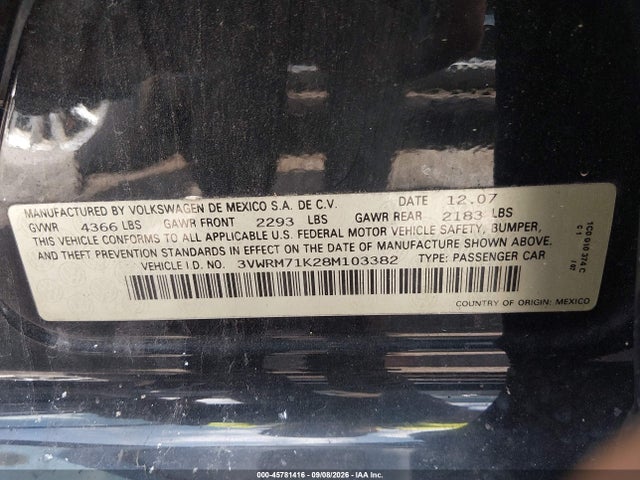 Продажа на аукционе авто 2008 Volkswagen Jetta Se/sel, vin: 3VWRM71K28M103382, номер лота: 45781416