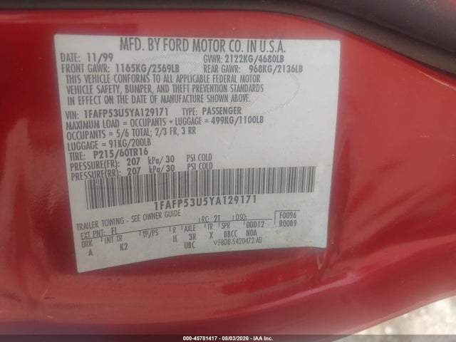 45781417 :رقم المزاد ، 1FAFP53U5YA129171 vin ، 2000 Ford Taurus Se مزاد بيع