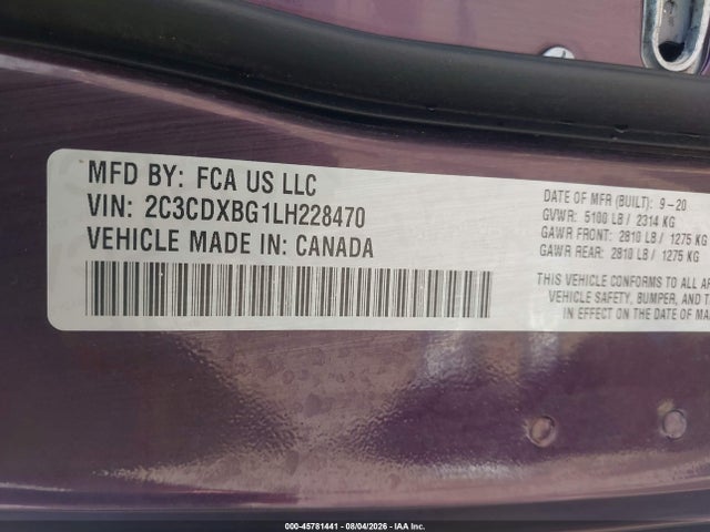 2020 Dodge Charger Sxt Rwd მანქანა იყიდება აუქციონზე, vin: 2C3CDXBG1LH228470, აუქციონის ნომერი: 45781441