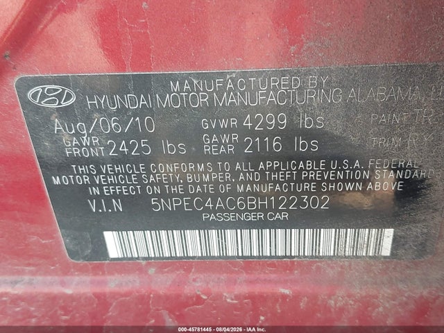 45781445 :رقم المزاد ، 5NPEC4AC6BH122302 vin ، 2011 Hyundai Sonata Se مزاد بيع