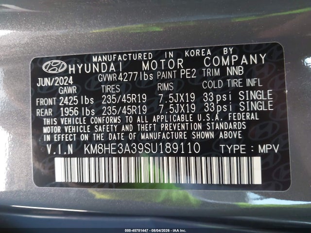 Aukcja sprzedaży 2025 Hyundai Kona Limited, vin: KM8HE3A39SU189110, numer aukcji: 45781447