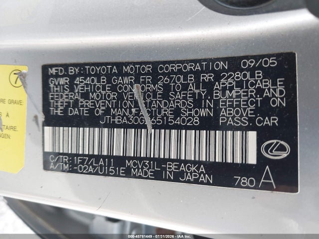 Aukcja sprzedaży 2006 Lexus Es 330, vin: JTHBA30G265154028, numer aukcji: 45781449