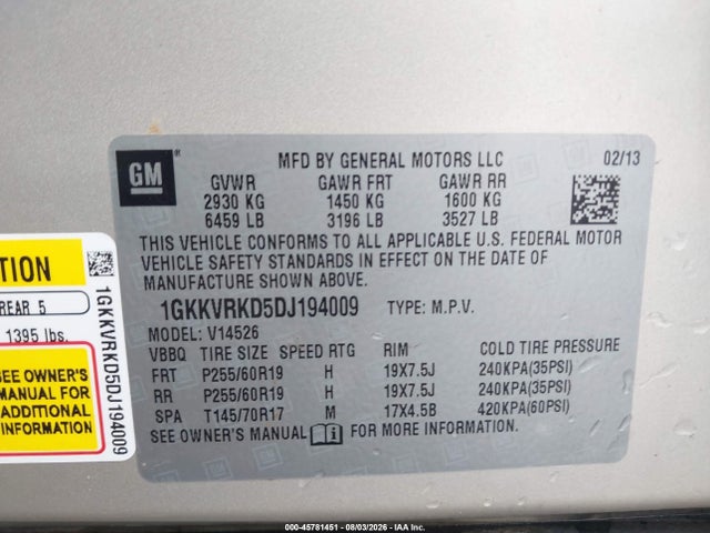 45781451 :رقم المزاد ، 1GKKVRKD5DJ194009 vin ، 2013 Gmc Acadia Slt-1 مزاد بيع