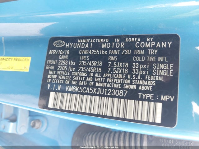Aukcja sprzedaży 2018 Hyundai Kona Ultimate, vin: KM8K5CA5XJU123087, numer aukcji: 45781465