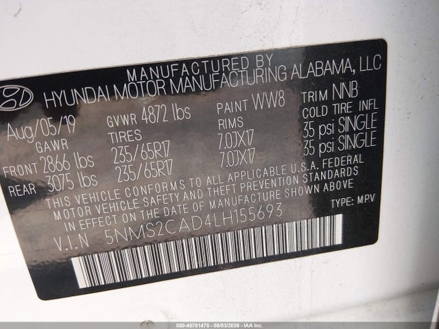 45781475 :رقم المزاد ، 5NMS2CAD4LH155693 vin ، 2020 Hyundai Santa Fe Se مزاد بيع