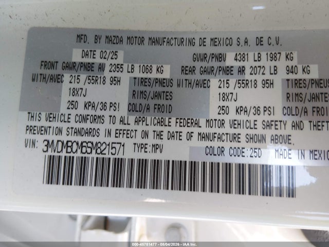 Aukcja sprzedaży 2025 Mazda Cx-30 2.5 S Preferred Package, vin: 3MVDMBCM6SM821571, numer aukcji: 45781477