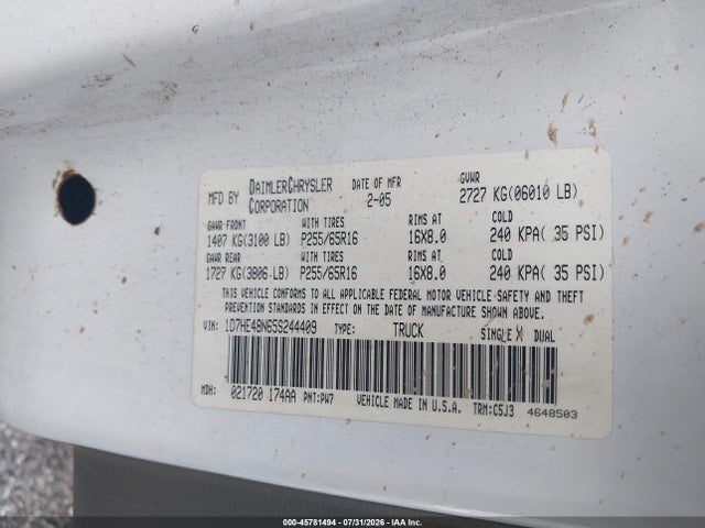 2005 Dodge Dakota Slt მანქანა იყიდება აუქციონზე, vin: 1D7HE48N65S244409, აუქციონის ნომერი: 45781494