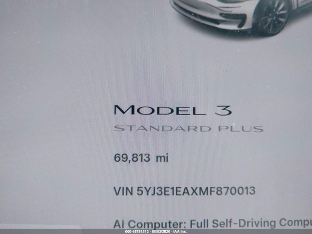 5YJ3E1EAXMF870013 Tesla Model 3 Standard Range Plus Rear-wheel Drive