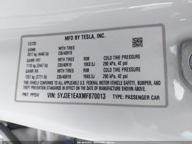 5YJ3E1EAXMF870013 Tesla Model 3 Standard Range Plus Rear-wheel Drive