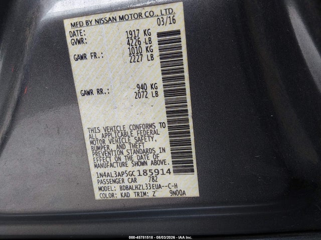 45781518 :رقم المزاد ، 1N4AL3AP5GC185914 vin ، 2016 Nissan Altima 2.5 Sr مزاد بيع