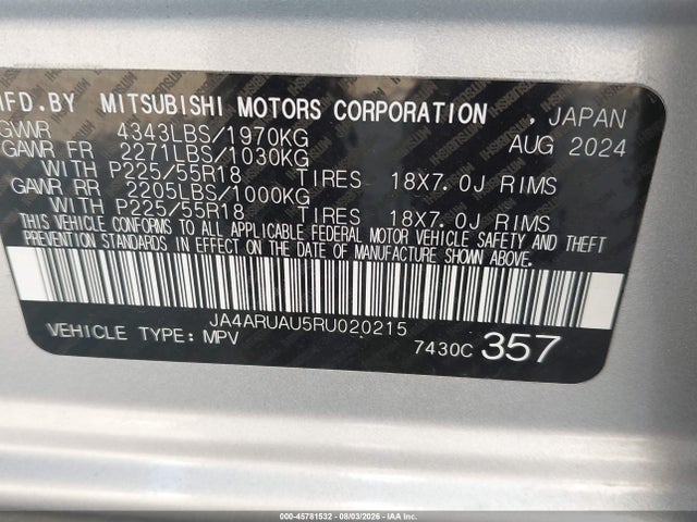 Auction sale of the 2024 Mitsubishi Outlander Sport 2.0 Es Awc/2.0 Le Awc/2.0 Ralliart Awc/2.0 S Awc/2.0 Se Awc/2.0 Trail Edition Awc, vin: JA4ARUAU5RU020215, lot number: 45781532