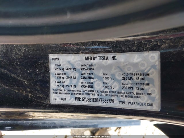 Tesla Model 3 Long Range/performance 2019 5YJ3E1EB8KF385729 Image 9