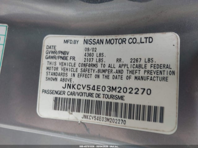 Auction sale of the 2003 Infiniti G35 Base W/6 Speed Manual, vin: JNKCV54E03M202270, lot number: 45781538