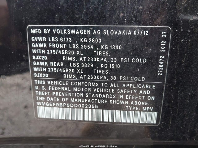 45781541 :رقم المزاد ، WVGEF9BP5DD002355 vin ، 2013 Volkswagen Touareg Vr6 Executive مزاد بيع