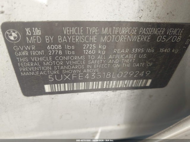 Aukcja sprzedaży 2008 Bmw X5 3.0si, vin: 5UXFE43518L029249, numer aukcji: 45781555