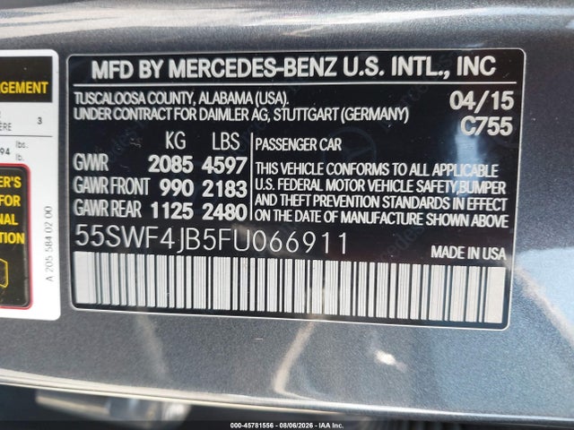45781556 :رقم المزاد ، 55SWF4JB5FU066911 vin ، 2015 Mercedes-benz C 300 مزاد بيع
