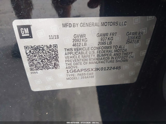45781559 :رقم المزاد ، 1G6AP5SX3K0122445 vin ، 2019 Cadillac Cts Standard مزاد بيع