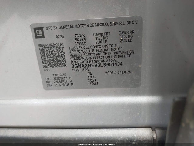 Продажа на аукционе авто 2020 Chevrolet Equinox Fwd Ls, vin: 3GNAXHEV3LS654434, номер лота: 45781563