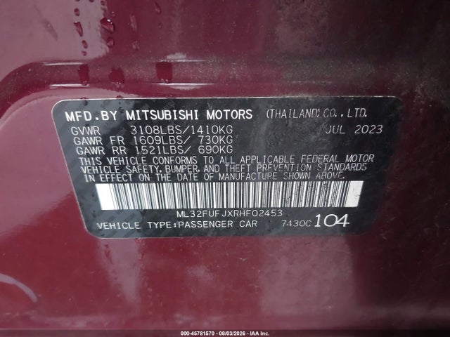 2024 Mitsubishi Mirage G4 Le მანქანა იყიდება აუქციონზე, vin: ML32FUFJXRHF02453, აუქციონის ნომერი: 45781570