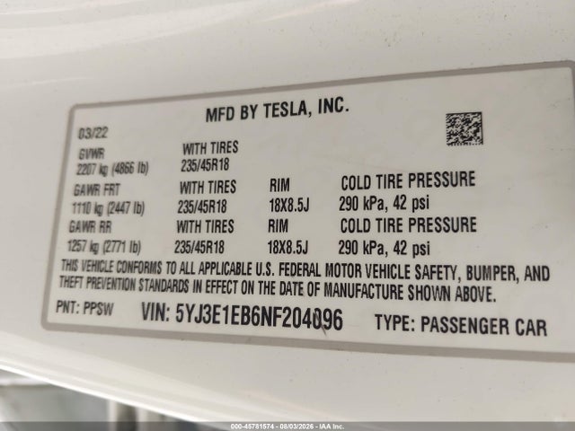 5YJ3E1EB6NF204096 Tesla Model 3 Long Range Dual Motor All-wheel Drive