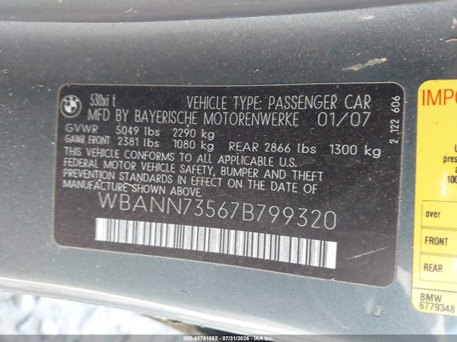 Aukcja sprzedaży 2007 Bmw 530xit, vin: WBANN73567B799320, numer aukcji: 45781582