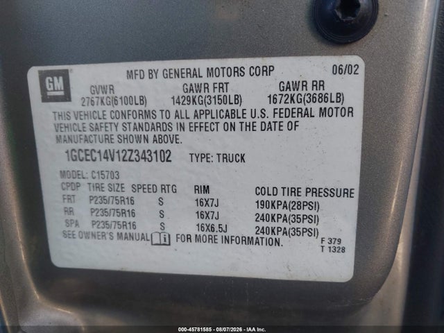 2002 Chevrolet Silverado 1500 Ls მანქანა იყიდება აუქციონზე, vin: 1GCEC14V12Z343102, აუქციონის ნომერი: 45781585