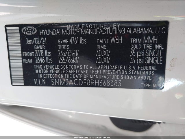Продажа на аукционе авто 2024 Hyundai Tucson Se, vin: 5NMJACDE8RH368383, номер лота: 45781595