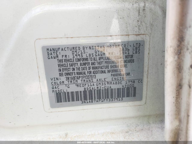 Продажа на аукционе авто 2015 Nissan Sentra Sr, vin: 3N1AB7AP1FY337913, номер лота: 45781600