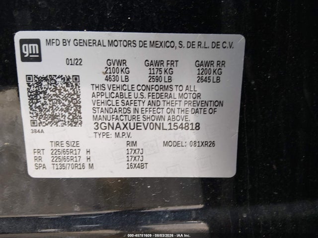 Aukcja sprzedaży 2022 Chevrolet Equinox Awd Lt, vin: 3GNAXUEV0NL154818, numer aukcji: 45781609