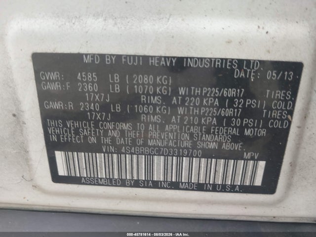Продаж на аукціоні авто 2013 Subaru Outback 2.5i Premium, vin: 4S4BRBGC7D3319700, номер лоту: 45781614
