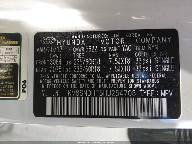 Продажа на аукционе авто 2017 Hyundai Santa Fe Se, vin: KM8SNDHF5HU254703, номер лота: 45781621